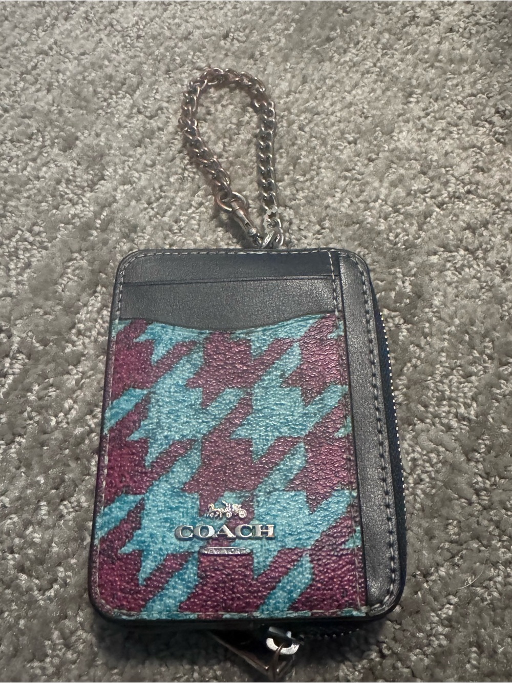 Coach Blue & Purple Houndstooth Card Case with Chain